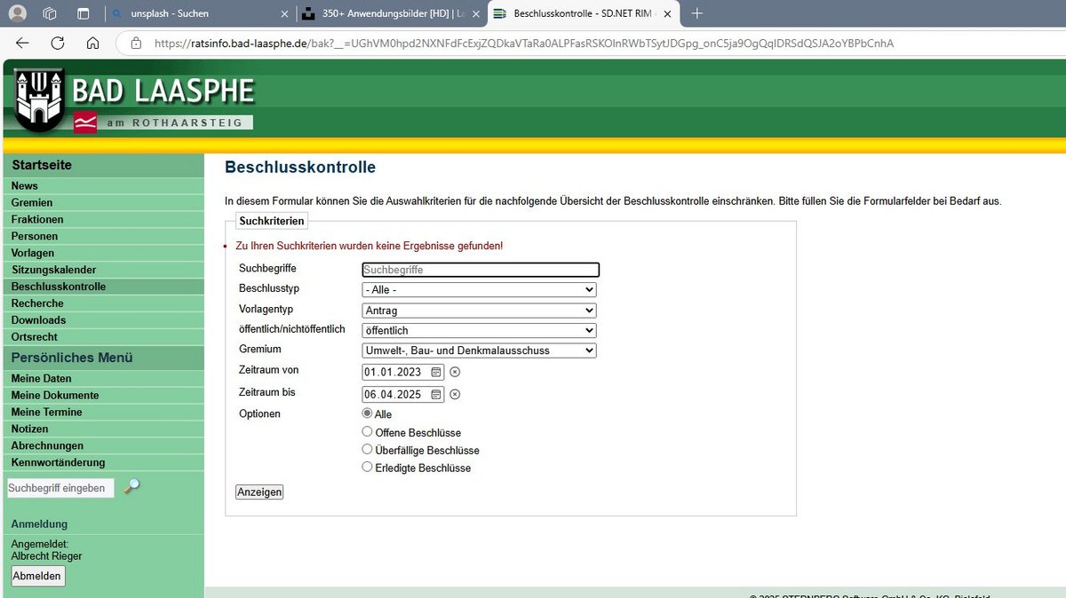 Screenshot Beschlusskontrolle Website Laasphe