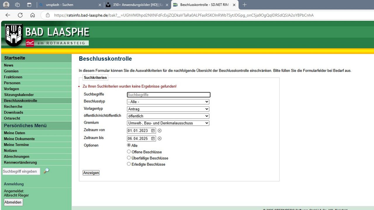 Screenshot Beschlusskontrolle Website Laasphe